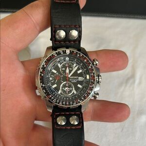 Seiko Black Dial Pilot Chronograph Watch with Red Accents